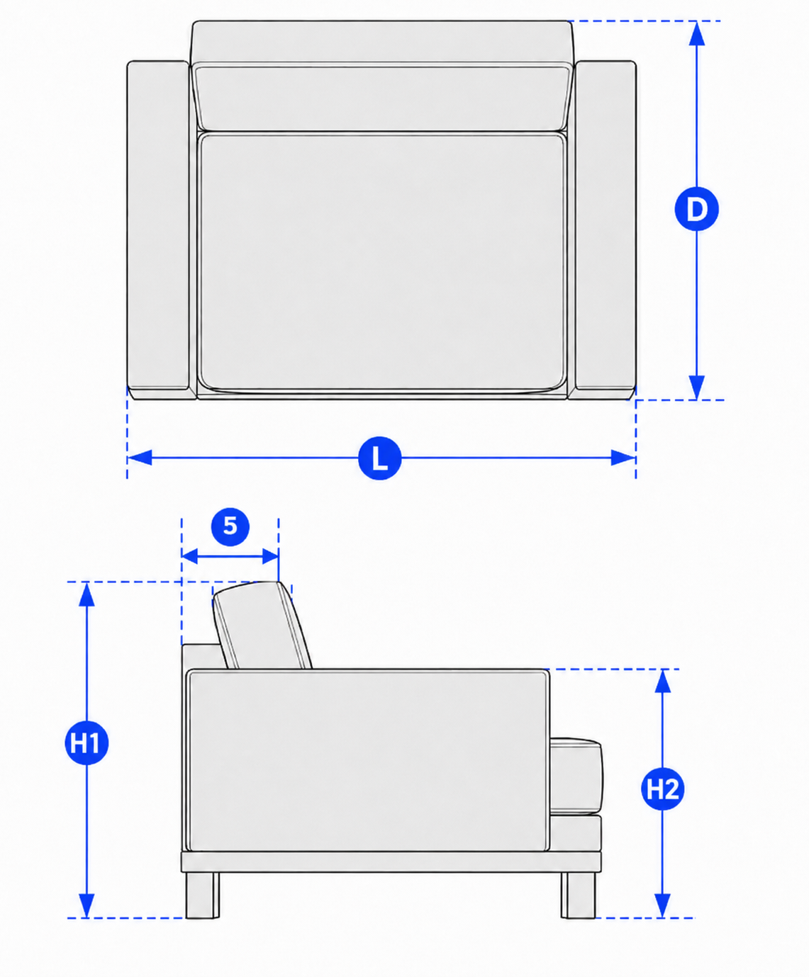 Fotelio matavimo schema: L, D, H1, H2 ir atlošo padėties matmuo 5