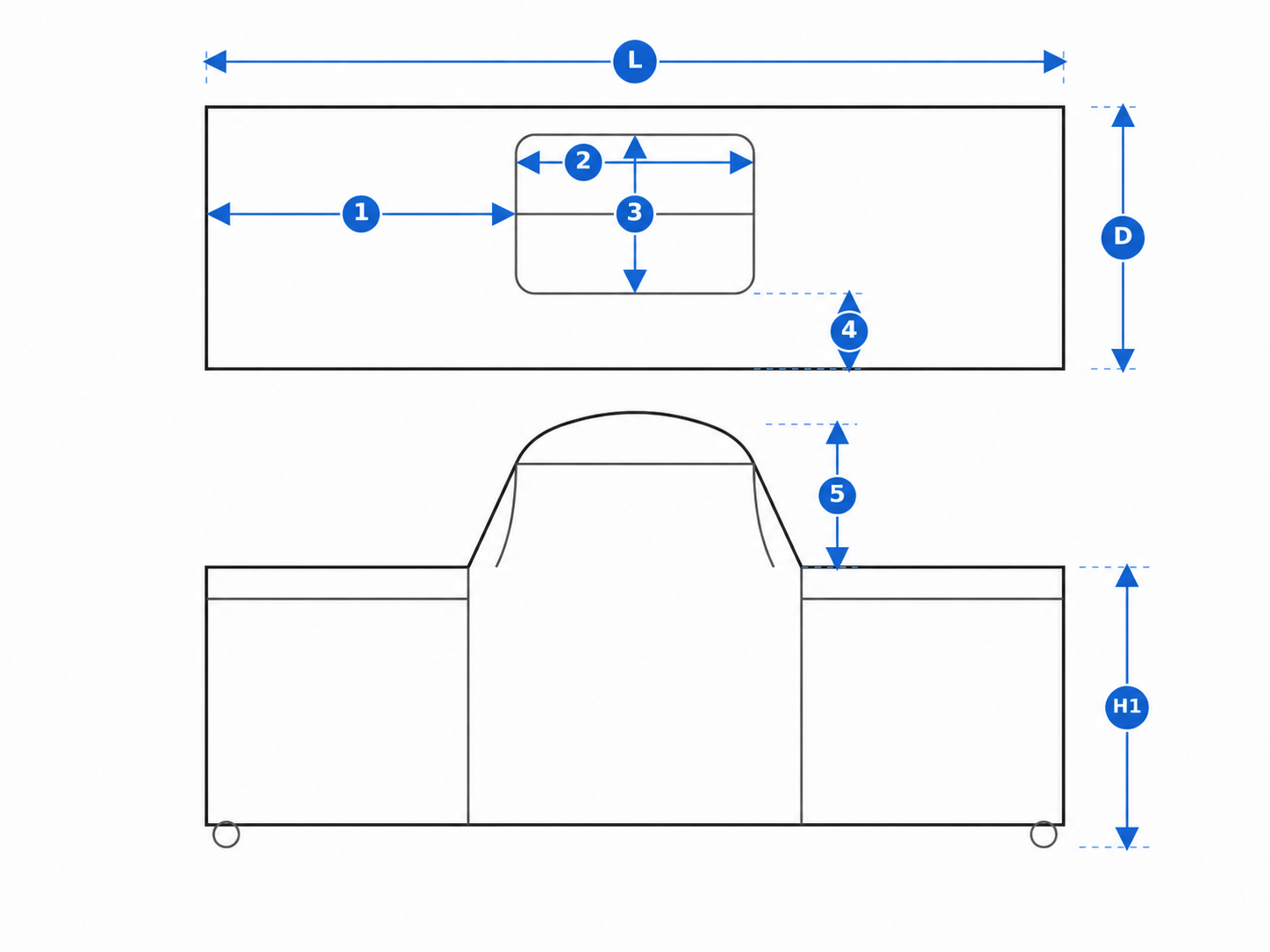 Grilio stalo matavimo schema: L, D, H1 ir grilio padėties matmenys 1–5