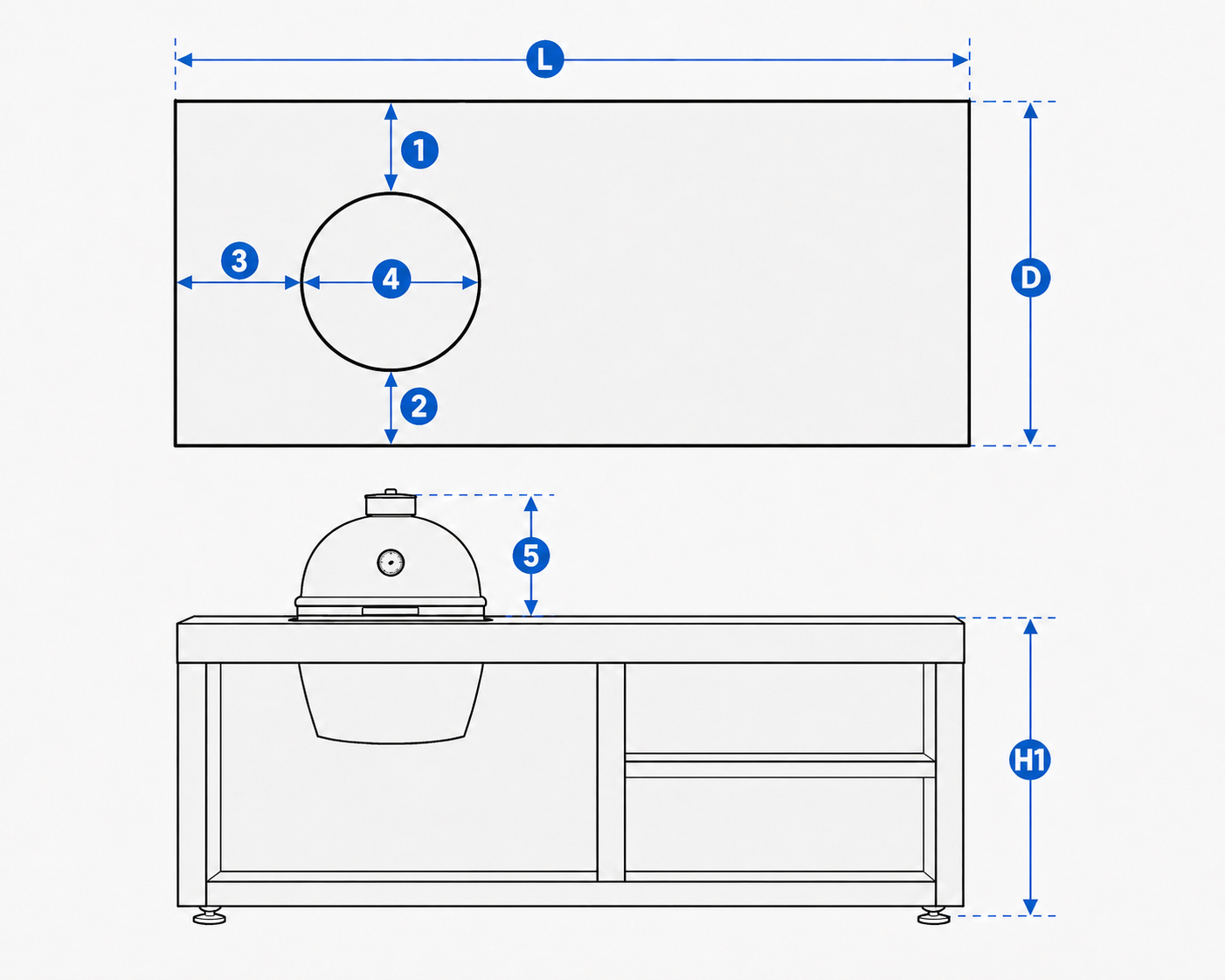 Kamado stalo matavimo schema: L, D, H1 ir Kamado angos matmenys 1–5