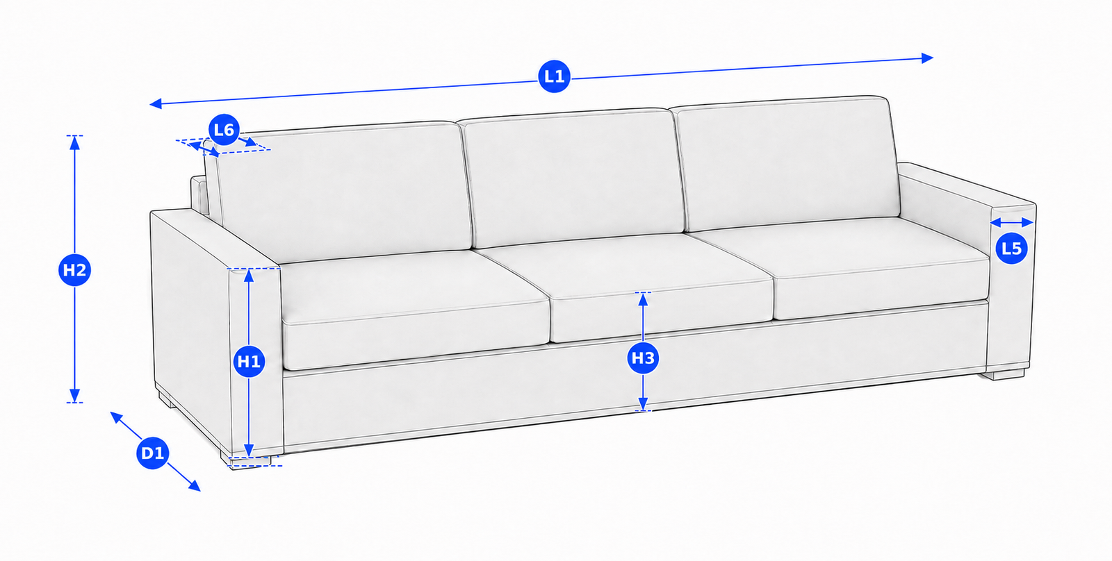 Sofos matavimo schema: L1, D1, H1, H2, H3, L5 ir L6